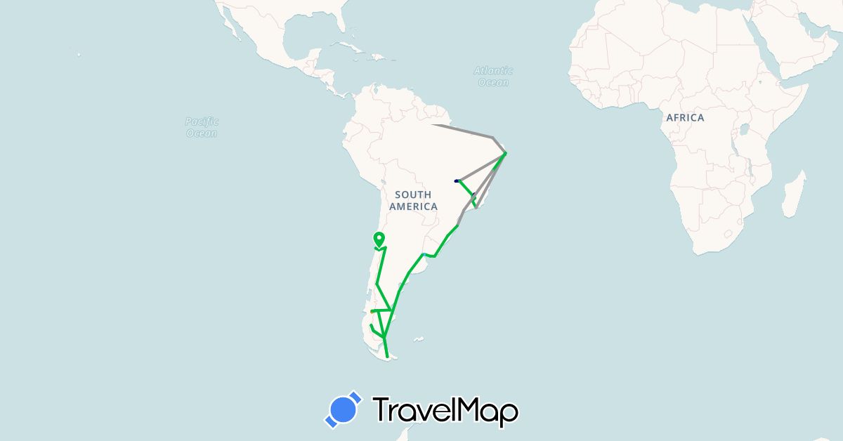TravelMap itinerary: driving, bus, plane, train, hiking, boat, hitchhiking, motorbike in Argentina, Brazil, Chile, Colombia, Panama, Uruguay (North America, South America)